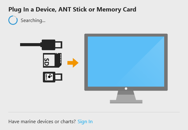 Garmin Express software installation with prompt to plug in device, ANT stick or memory card. Screenshot.