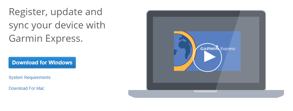 Garmin Express download on Garmin website. Screenshot.