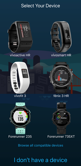 Garmin Connect app device selection screen.