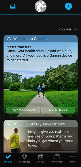 Garmin Connect app dashboard screen.