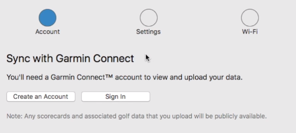 Garmin Express software installation screen with Create an Account and Sign in buttons. Screenshot.