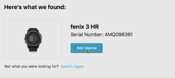 Garmin Express software installation with detected Garmin device and Add Device button highlighted. Screenshot.