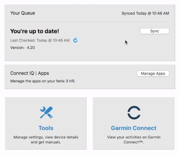 Garmin Express software status screen. Screenshot.