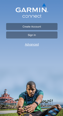 Garmin Connect app sign in screen.