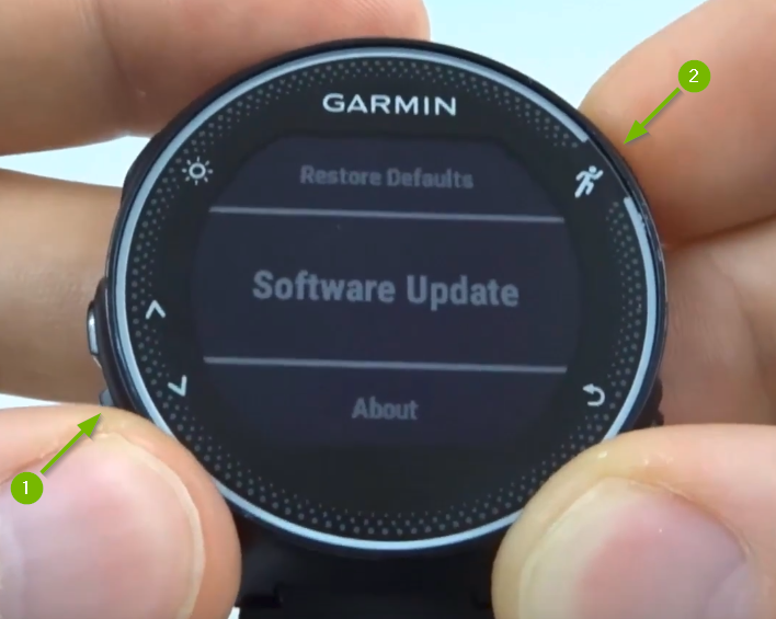 Garmin Forerunner with Software Update selected on screen.