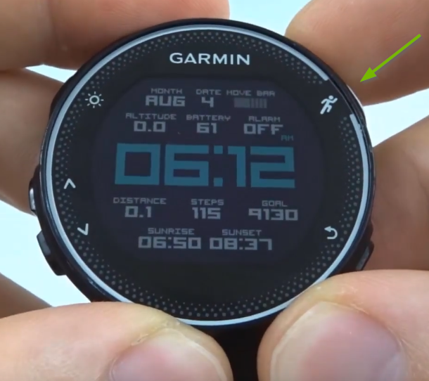 Garmin Forerunner with run button selected.