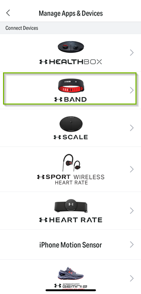 Manage app and devices screen with different trackers listed and one is highlighted