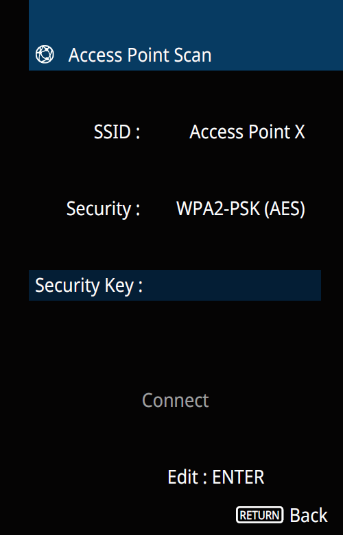 Access point scan screen with security key highlighted.