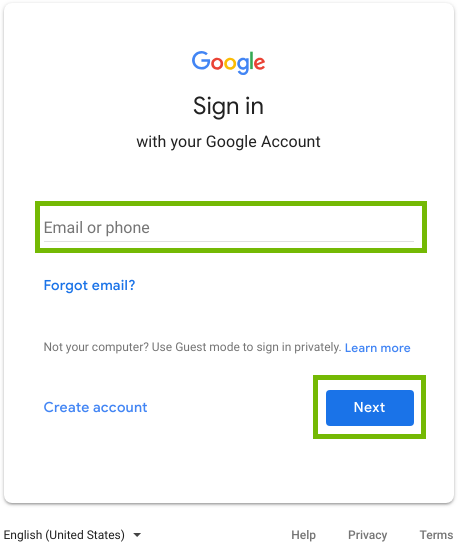 Google Sign-in with Email and Next button highlighted.
