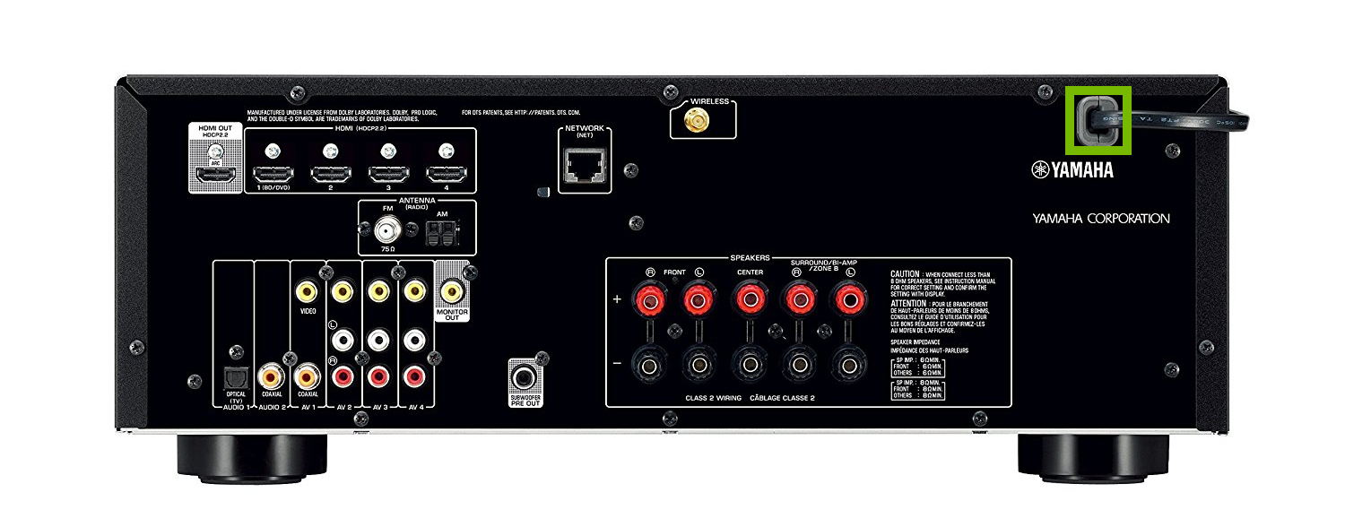 power cord highlighted on back of receiver