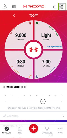 UA Record main screen with the sync button highlighted