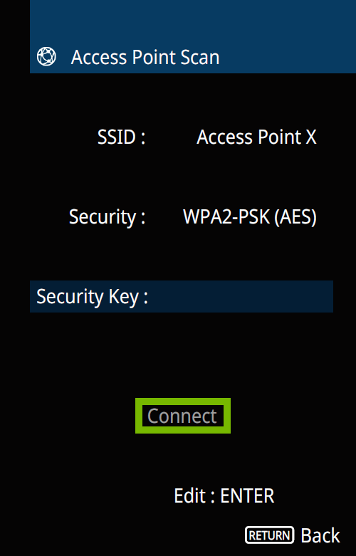 Access point scan screen with connect highlighted.
