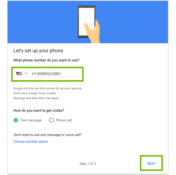 Phone number entry with Next highlighted.