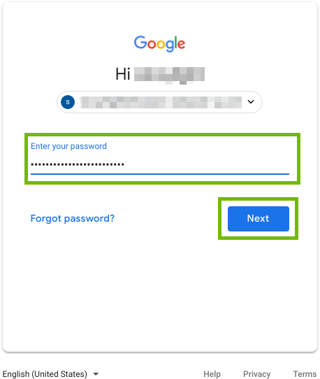 Google sign-in with Password and Next highlighted.