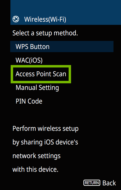 Wireless screen with Access point scan highlighted.