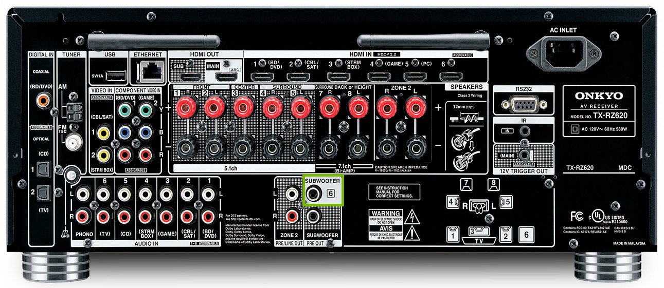back of receiver with subwoofer port highlighted
