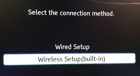 Internet setup menu showing wireless setup selected