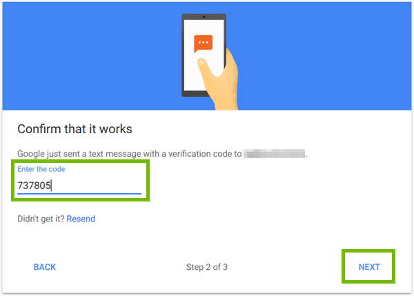 Code entry with Next highlighted.
