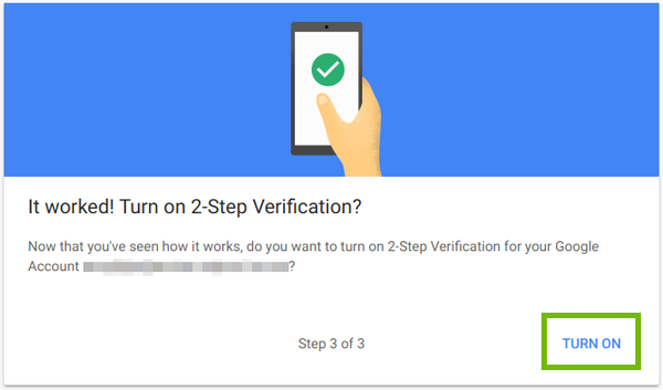 2-Step verification ready, with Turn On highlighted.