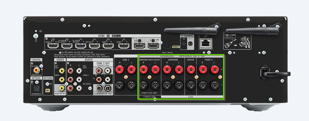 The back of a sony home theater system showing the speaker connections