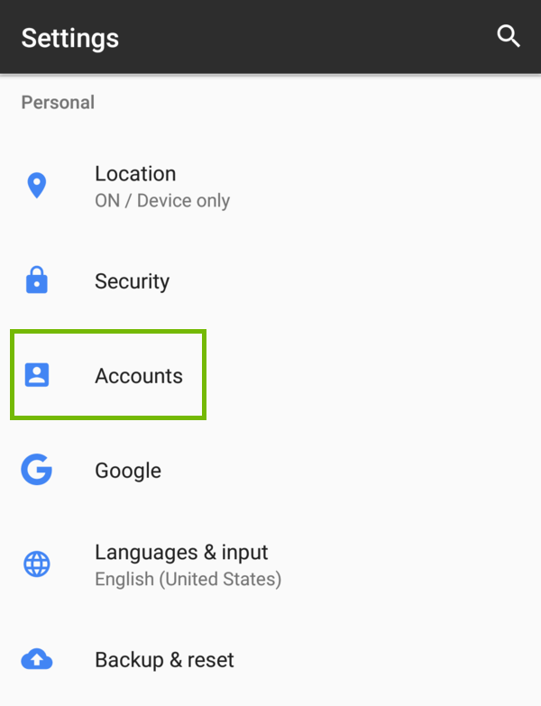 Android Settings with Accounts highlighted.