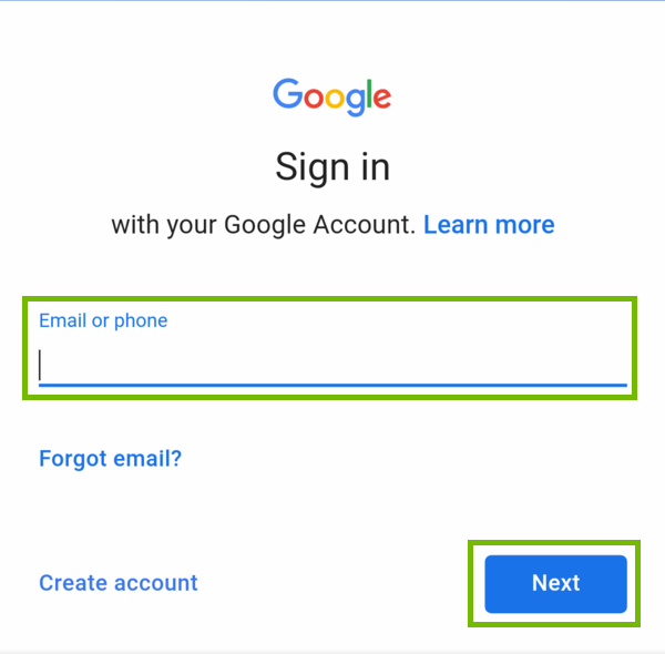Google sign in with email and next button highlighted.