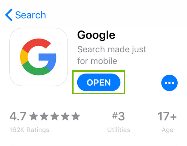 Google app installed with Open button highlighted.