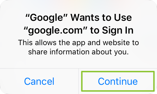 Account sign in permission with Continue highlighted.