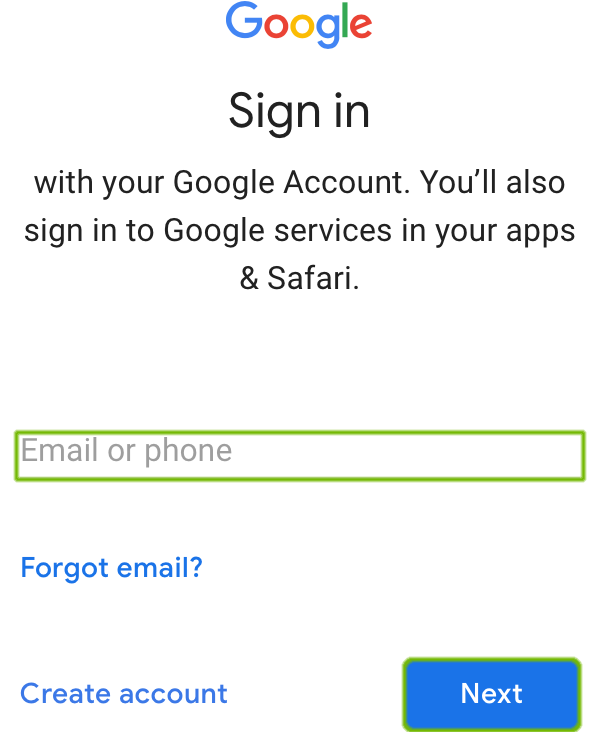 Google Sign In with Email field and Next button highlighted.
