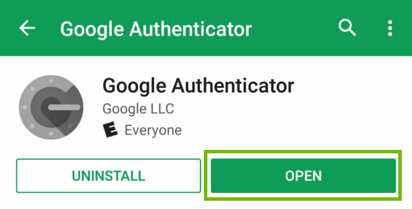 Google Authenticator app page with Open highlighted.