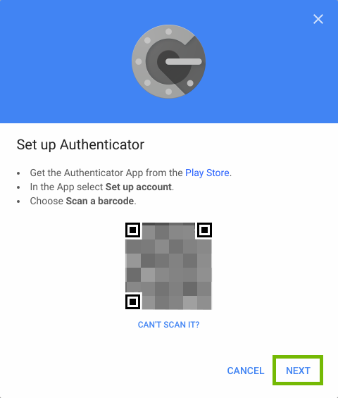 Authenticator barcode prompt with Next highlighted.