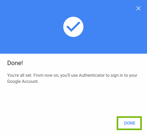Authenticator setup screen with Done highlighted.