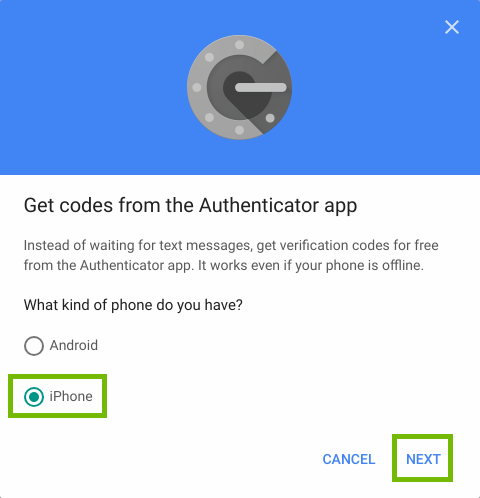 Set up authenticator dialog with iPhone and Next highlighted.