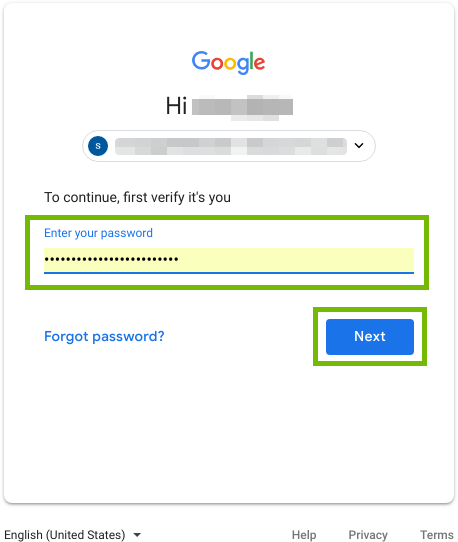 Password entry and Next button highlighted.