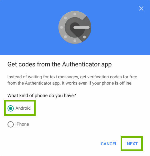 Authenticator setup with Android and Next highlighted.