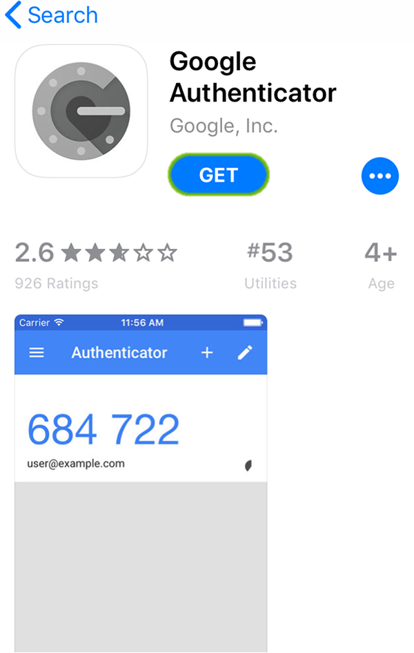 Google Authenticator with Get highlighted.