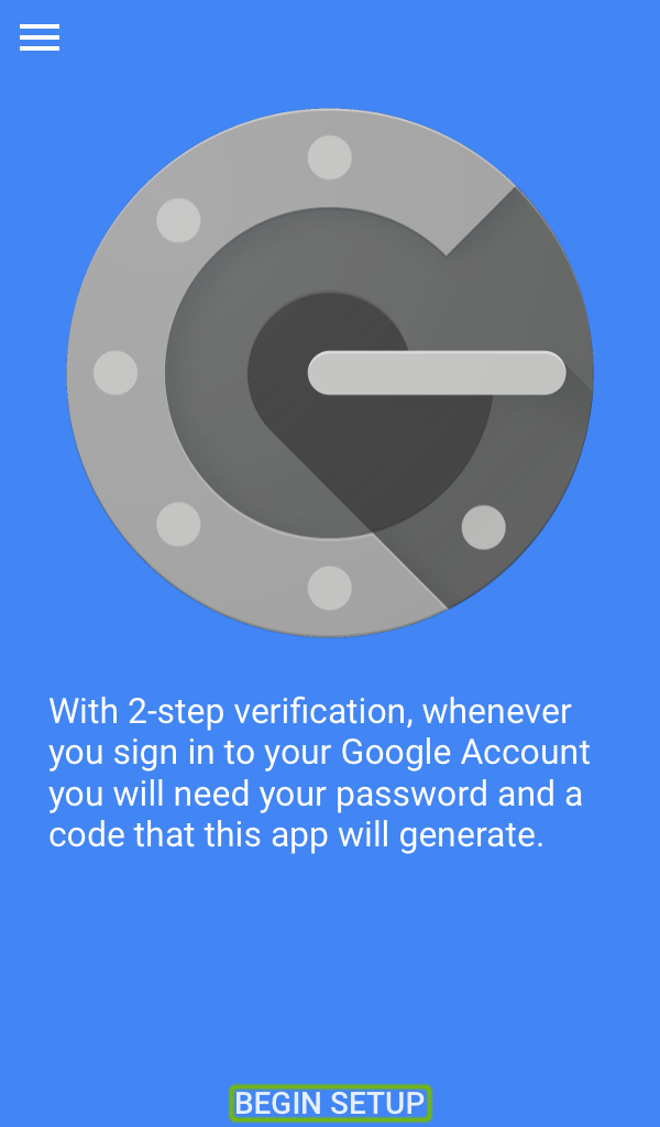 Authenticator welcome with Begin Setup highlighted.