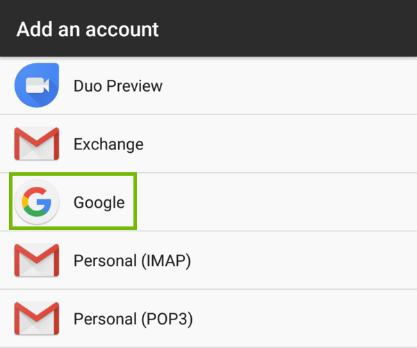 Add an account with Google highlighted.