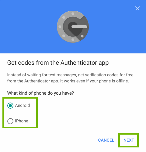 Phone Type selection with Next highlighted.