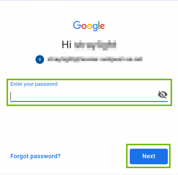 Google Password prompt with password and Next button highlighted.