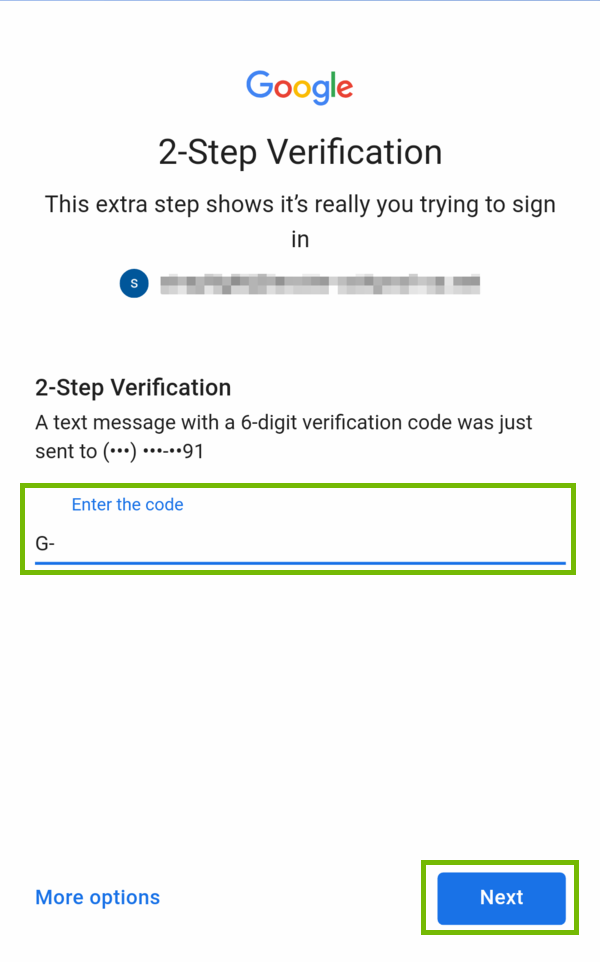 2-Step Verification prompt with code entry and Next button highlighted.