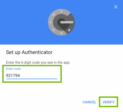 Code entry and Verify button highlighted.