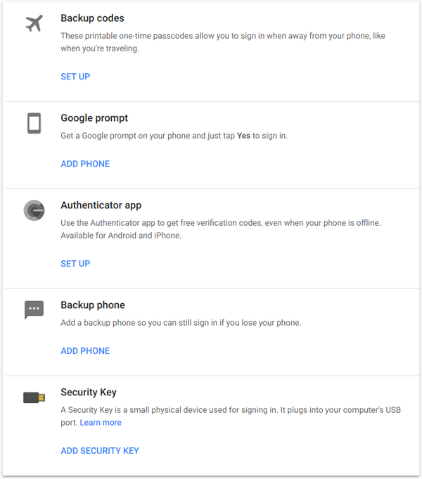 Available backup options.