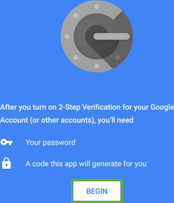Google Authenticator welcome screen with Begin highlighted.