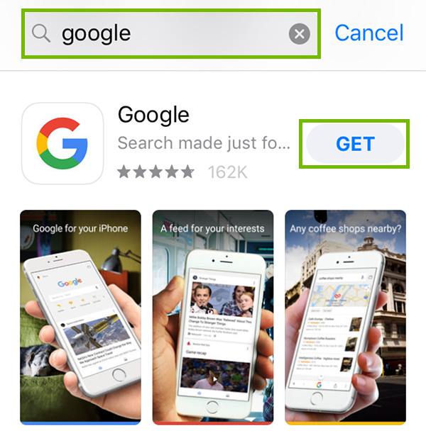 Search for Google App with Get button highlighted.