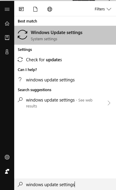 Windows 10 search box highlighting search results for windows update settings.