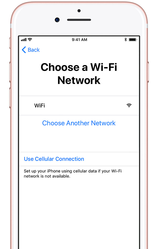 Choose a Wi-Fi Network screen with list of available Wi-Fi networks.