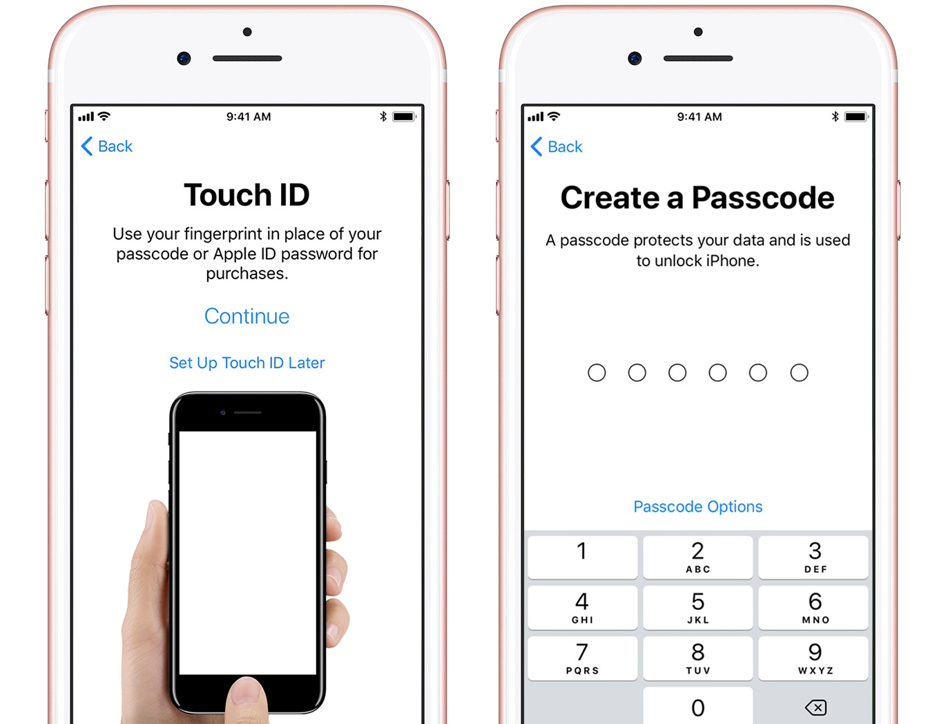 Touch ID and Screen Lock passcode setup screens.