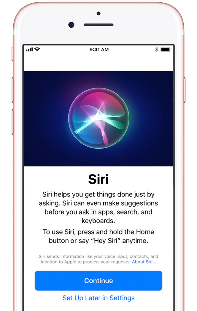 Siri intro screen with Continue button and Sign Up Later in Settings option.