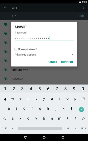 Wi-Fi credentials being entered on Android.